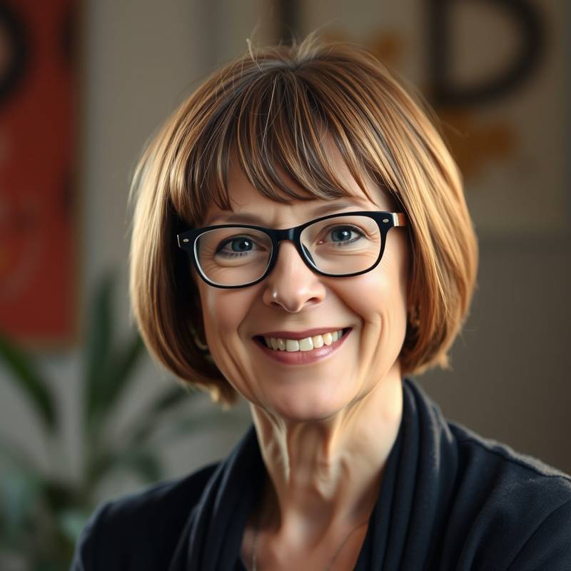Portrettbilde av Astrid Olsen, en smilende kvinne med briller og kort brunt hår.