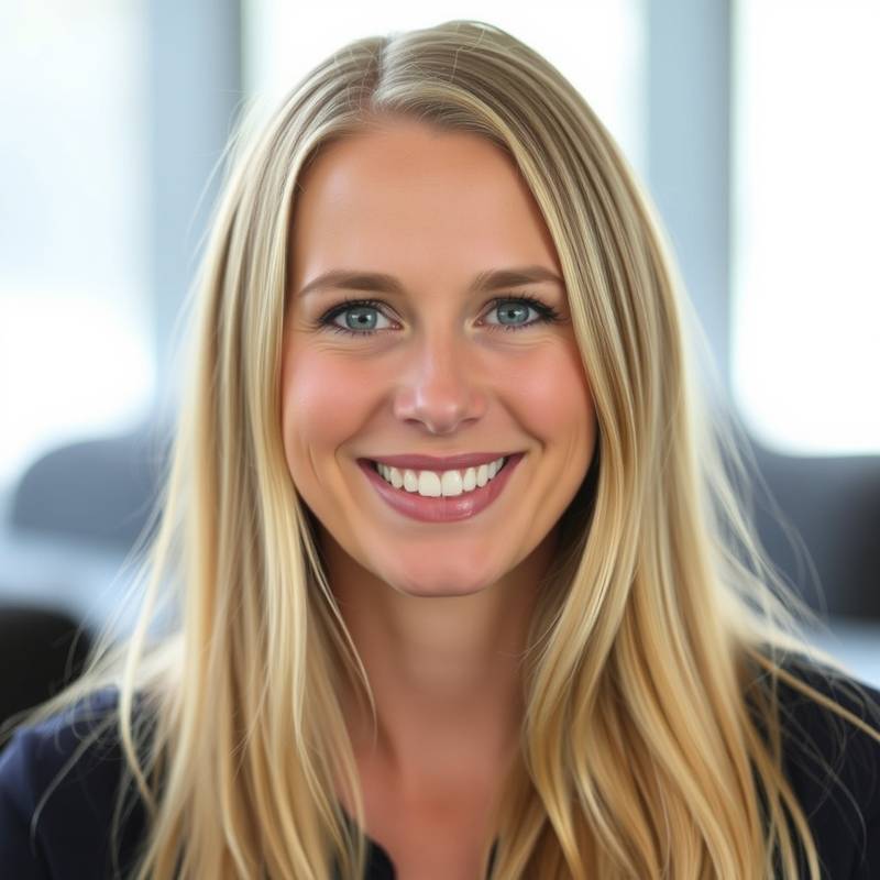 Portrettbilde av Maria Johansen, en kvinne med langt blondt hår og et vennlig smil.